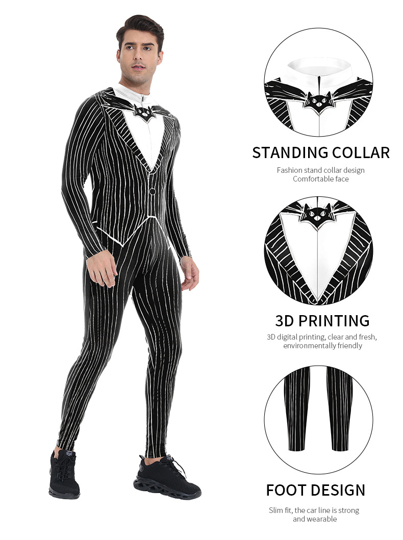Mens Skeleton Halloween Costume Horrible Cosplay Tights Stage Performance Suit
